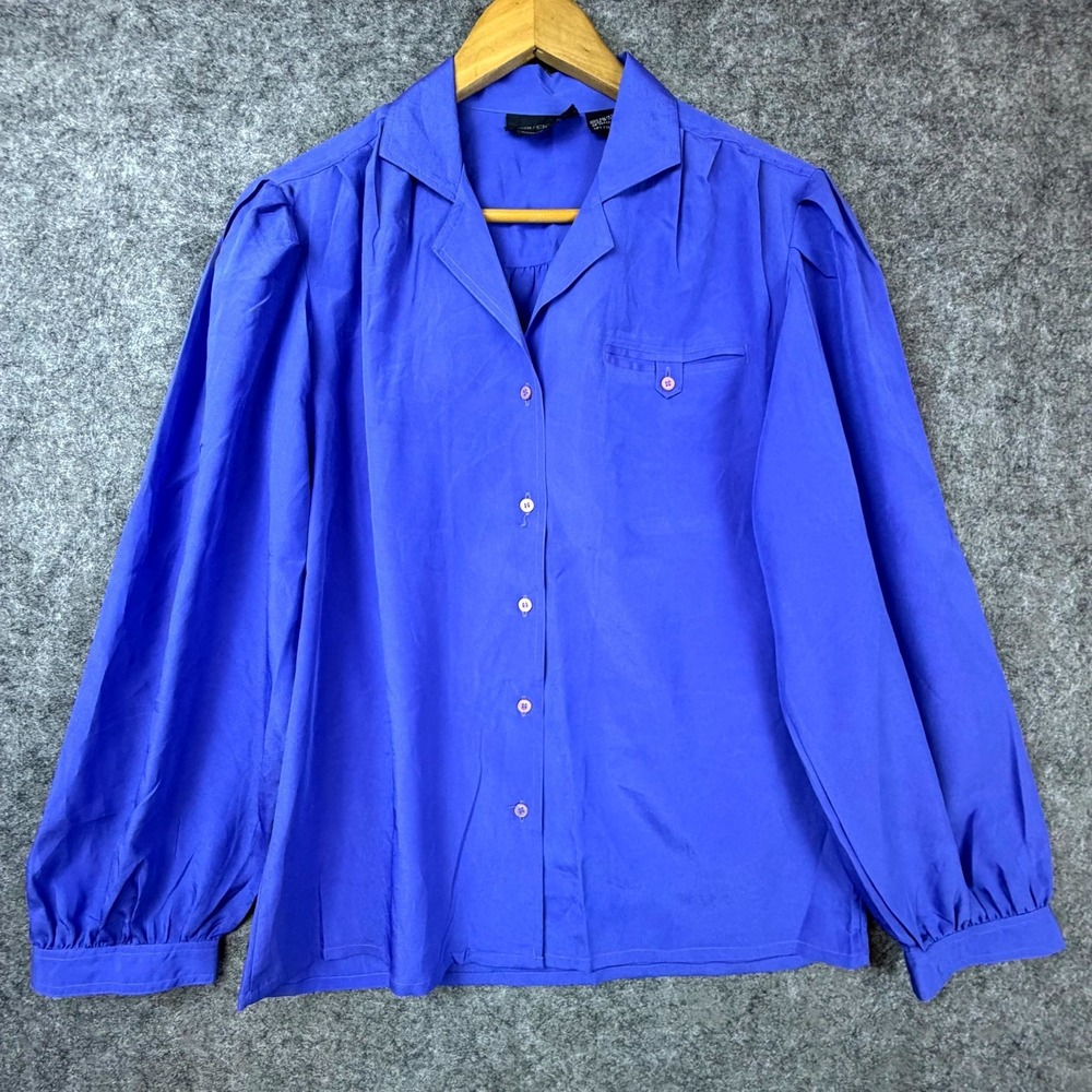 Vintage Ann Chabrol Blouse Womens 10 Royal Blue Pleated Puff‎ Sleeve Camp Collar